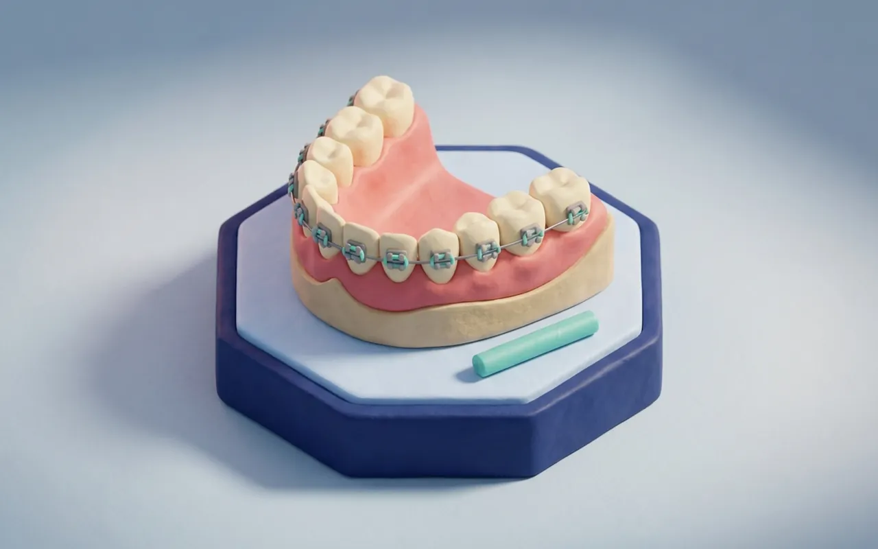 Apparecchio denti baffo: filo di contenzione incollato dietro gli incisivi dopo l'apparecchio fisso