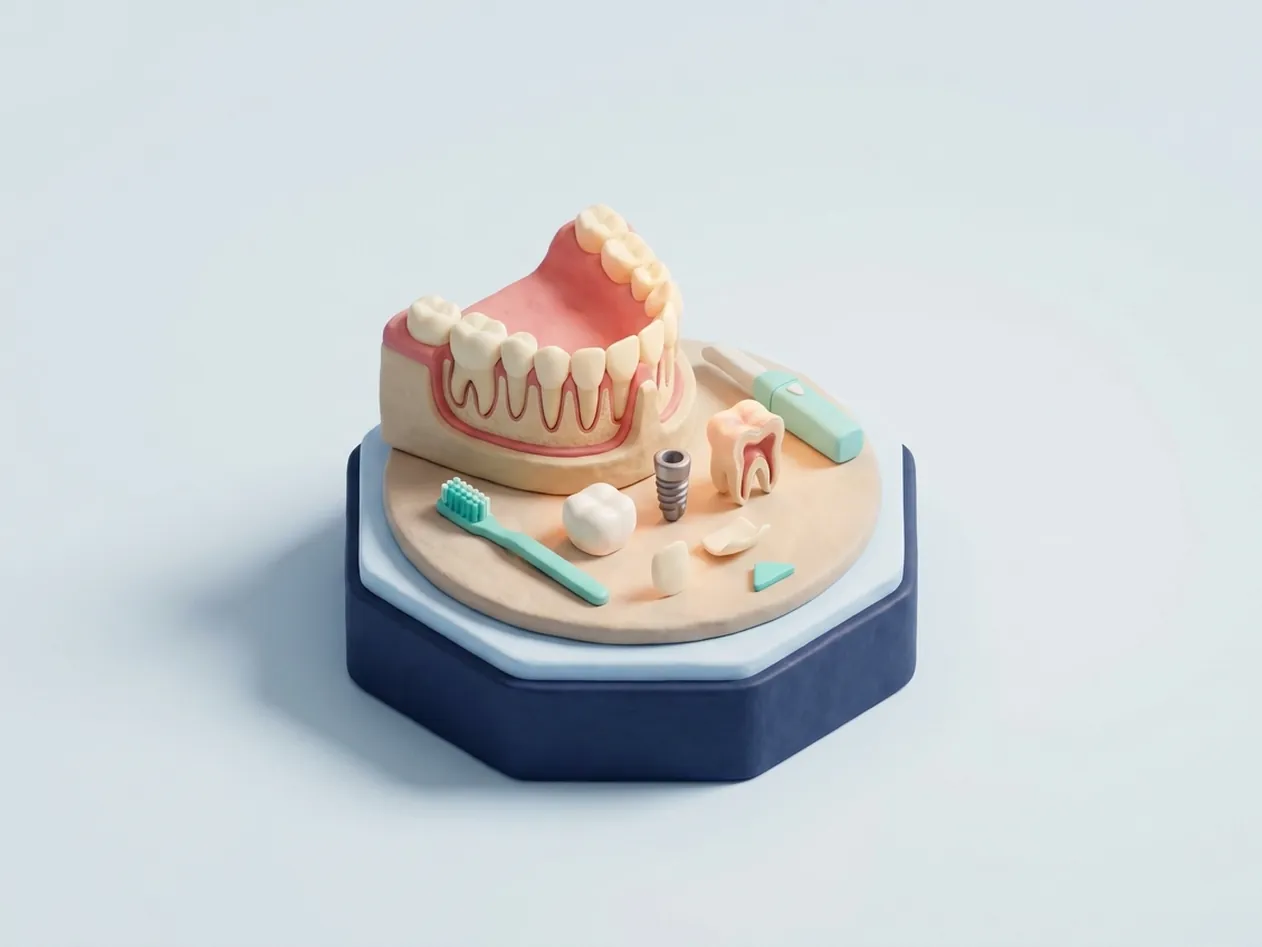 Diorama in miniatura di tutti i trattamenti: piccola esposizione con impianto, corona, faccetta, dente in sezione e scanner